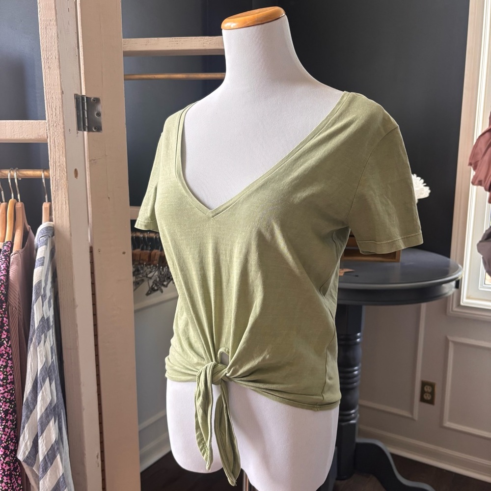 Olive Green V-Neck Tie-Front Women's Top